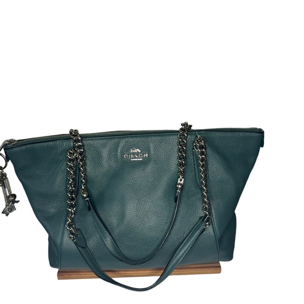 COACH - Ava Vintage Chain Tote Purse Dark Teal Pebbled Leather Silver Chain - Picture 5 of 16